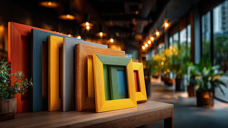 Stacked Picture Frames on a Shelf - Multiple wooden and metal frames of varying sizes casually leaning on a wooden shelf, creating a layered, artistic composition.の素材