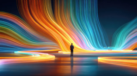 Glowing Fiber Optic Whips in Motion - An artist twirls illuminated fiber optic cables, creating flowing ribbons of colored light in a dark studio.の素材