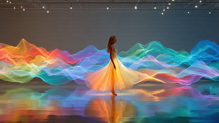 Glowing Fiber Optic Whips in Motion - An artist twirls illuminated fiber optic cables, creating flowing ribbons of colored light in a dark studio.の素材