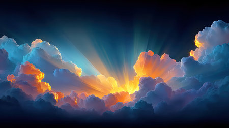 Golden Sun Rays Through Storm Clouds - A breathtaking break in storm clouds reveals intense golden sunlight streaming down in dramatic, god-like rays.の素材