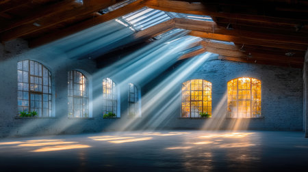 Sunlight Piercing Through Broken Roof - Shattered ceiling beams allow sharp rays of sunlight to slice through a dusty abandoned factory.の素材