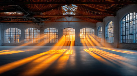 Sunlight Piercing Through Broken Roof - Shattered ceiling beams allow sharp rays of sunlight to slice through a dusty abandoned factory.の素材