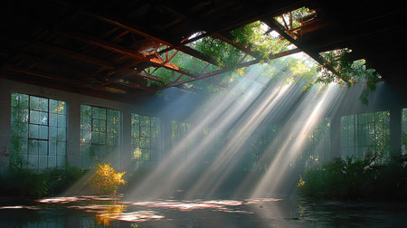 Sunlight Piercing Through Broken Roof - Shattered ceiling beams allow sharp rays of sunlight to slice through a dusty abandoned factory.の素材