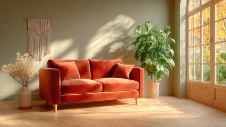 A boho-chic living area with a rust-colored velvet sofa, macrame wall hanging, and sunlight streaming through arched windows onto a vintage rug.の素材