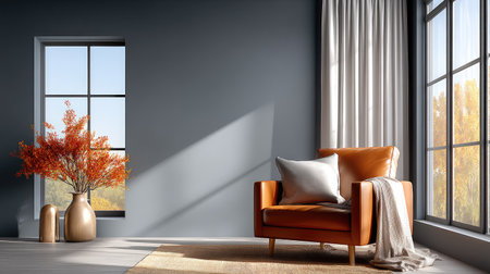 A minimalist living room with taupe walls, a caramel leather armchair, and a woven jute rug. Sunlight streams through sheer curtains, casting gentle shadows.の素材