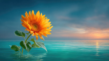 A sunflower against a dreamy sunrise sky, its silhouette outlined by the sun glow, with a single intense light beam making it shine.の素材