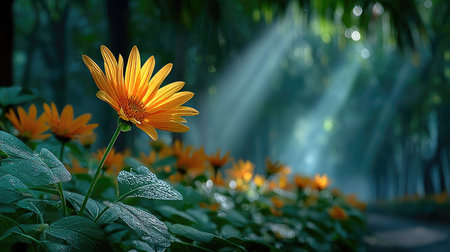 A sunflower field at first light, with a soft-focus foreground and one flower in sharp focus, illuminated by a divine sunray cutting through the mist.の素材