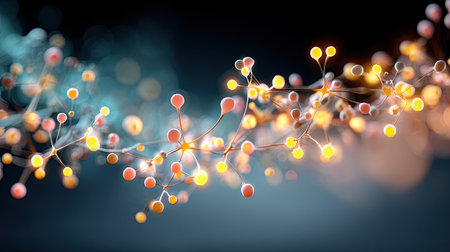 Abstract visualization of digital customer paths as glowing interconnected nodes on a dark background with highlighted conversion points.の素材