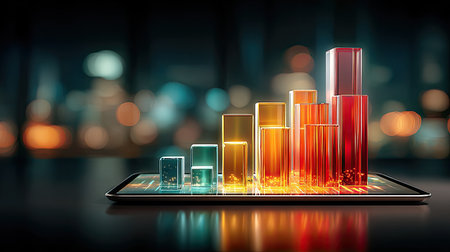 A holographic sales dashboard projecting from a tablet showing 3D bar charts of monthly revenue growth and customer acquisition metrics.の素材