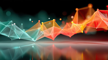 Abstract visualization of digital customer paths as glowing interconnected nodes on a dark background with highlighted conversion points.の素材