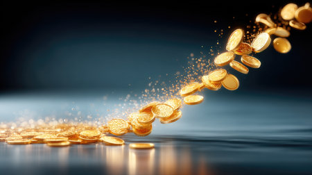 Golden coins forming an upward trending graph line against dark background, some coins floating mid-air with sparkling light trails.の素材