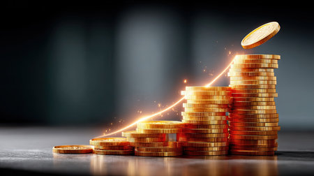Golden coins forming an upward trending graph line against dark background, some coins floating mid-air with sparkling light trails.の素材