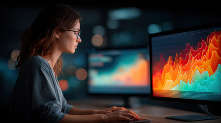 Financial analyst working with dual monitors displaying side-by-side comparisons of market trends and consumer demographic data visualizations.の素材