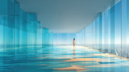 Modern investment office with glass walls covered in moving stock data, central focus on CEO smiling at massive profit growth display.の素材