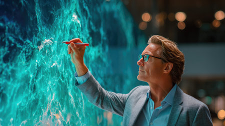 Businessman pointing at massive digital wall display showing perfect bullish chart, green light illuminating his confident expression.の素材