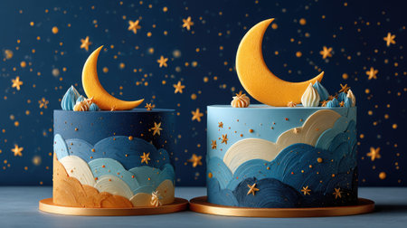 A celestial-themed cake with dark blue icing, edible constellations, and a crescent moon topper, set against a starry night backdropの素材