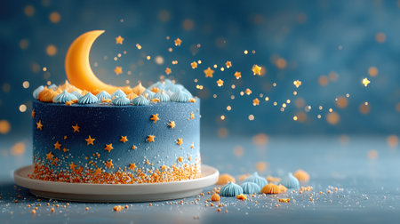A celestial-themed cake with dark blue icing, edible constellations, and a crescent moon topper, set against a starry night backdropの素材