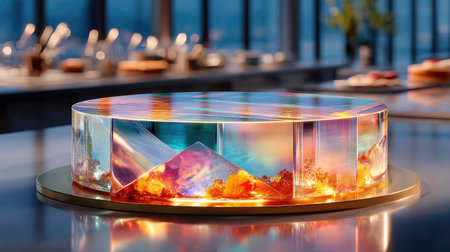 A futuristic metallic cake with holographic fondant, LED light accents, and a sleek 'New Year' designの素材