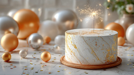 A modern minimalist New Year's cake with white fondant, gold leaf accents, and a single sparkler on top, placed on a marble counter with scattered metallic balloonsの素材