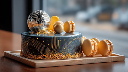 A festive New Year's cake with a black and gold theme, featuring geometric patterns, a disco ball cake topper, and gold-dusted macarons around the baseの素材