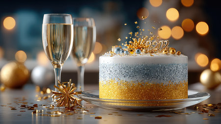 A luxurious New Year's Eve party cake with gold and silver decorations, sparkling edible glitter, and a topper, surrounded by champagne glasses and confetti on a festive tableの素材