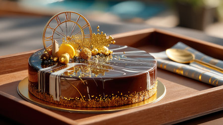 A decadent chocolate cake with a midnight theme, covered in edible glitter, silver drizzles, and a clock face design, displayed on a wooden tray with festive napkinsの素材