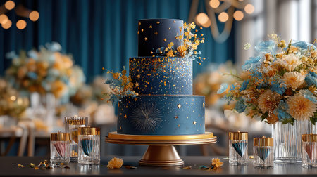 A multi-tiered midnight blue cake adorned with edible stars, a countdown clock design, and shimmering metallic accents, placed on a sleek black table with party poppersの素材