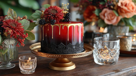 Poison apple cake with glossy red mirror glaze, black fondant stem, gold-dripped "venom," and gothic lace detailingの素材