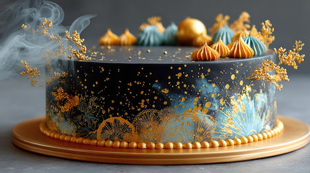Tarot card cake with black and gold fondant, intricate piped symbols, edible glitter, and mystical smoke effectsの素材