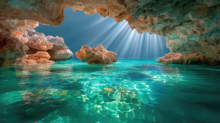 A hauntingly beautiful underwater cave, its limestone ceiling dripping with stalactites, and beams of light piercing through the dark water like spotlightsの素材