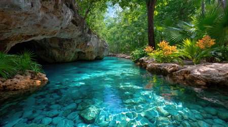 A secluded cenote-like cave entrance, its limestone rocks worn smooth by water, with vibrant aquatic plants swaying in the gentle currentの素材