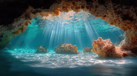 A sunken limestone cathedral with a grand arched entrance, its walls covered in barnacles, and shafts of light creating a heavenly glow in the waterの素材