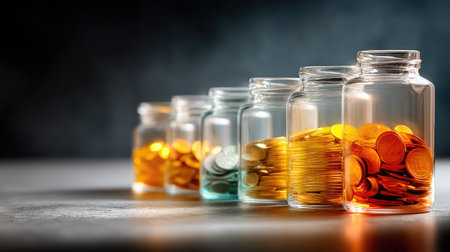 A series of transparent jars filling with coins from empty to full, illustrating financial goals being met through consistent savingの素材