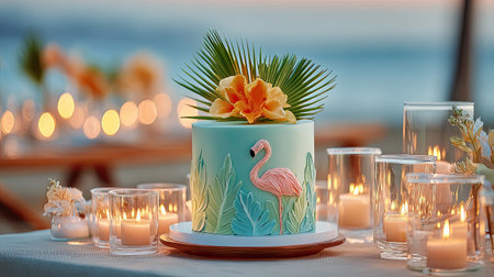 A tropical New Year's cake with bright colors, palm leaf decorations, and a flamingo topper, placed on a beachy table with tiki torchesの素材