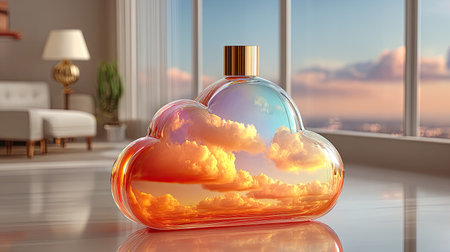 Luxury gold-toned shampoo bottle with cloud-like foam gently clinging to its curves, reflected in mirrored bathroom surfaceの素材