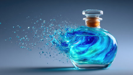 A scientific glass flask with blue liquid being stirred violently, creating swirling vortex patterns and flying dropletsの素材