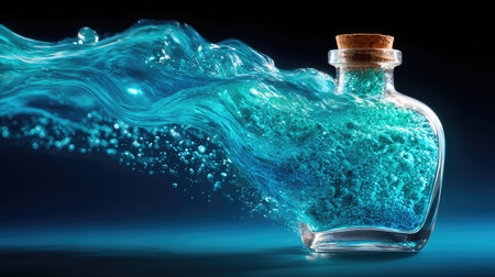 A broken glass bottle underwater with air bubbles and liquid streams creating abstract fluid dynamics patternsの素材