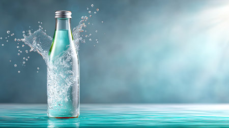 A minimalist glass water bottle with a dramatic splash erupting from its open mouth, captured in slow motion with sparkling droplets against a light gray backdropの素材