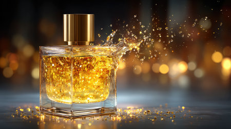 A luxury perfume bottle with golden liquid splashing elegantly from its rim, surrounded by suspended droplets, illuminated by warm backlightingの素材