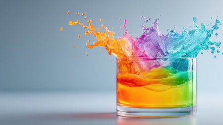 A laboratory beaker with multicolored layered liquids being agitated into a rainbow splash against a white backdropの素材