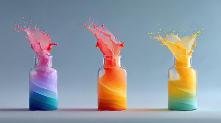 A laboratory beaker with multicolored layered liquids being agitated into a rainbow splash against a white backdropの素材
