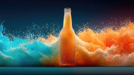 A glass beer bottle being opened with foam erupting in a creamy cascade, bubbles and liquid spray captured at high speedの素材
