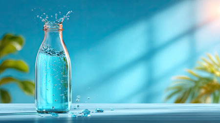 A sleek transparent glass bottle with a crisp water splash frozen in mid-air, droplets scattering around it, shot on a clean white background with soft shadowsの素材