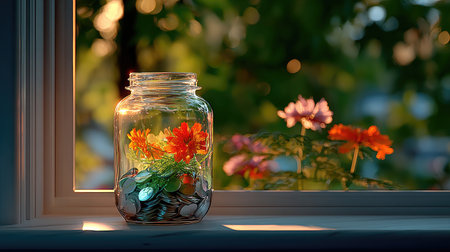 A clear jar filled with layers of coins and folded bills, standing on a windowsill with sunlight creating sparkling reflectionsの素材