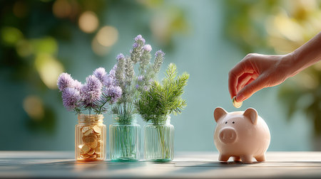 A close-up of hands gently placing a coin into a piggy bank with soft pastel background and blurred plants in the distanceの素材