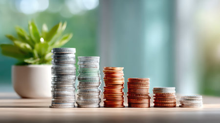 A creative composition of coins arranged as a rising bar graph on a light background, representing increasing savings over timeの素材
