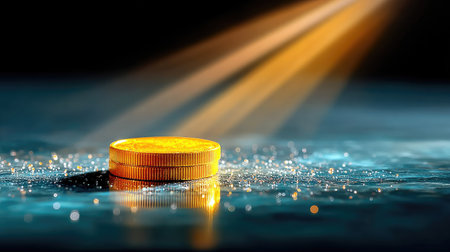 A dramatic close-up of a single coin standing upright on a reflective black surface with spotlight effectの素材