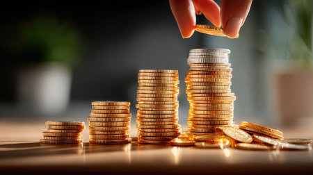A close-up of hands stacking golden coins into a neat pyramid on a wooden table, with warm lighting creating gleaming reflections on the metal surfacesの素材