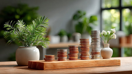 A time-lapse concept with coins arranged to show small stacks growing progressively taller across a long wooden tableの素材