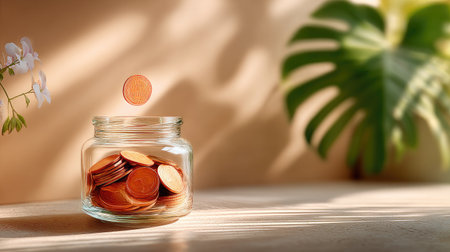 A minimalist composition of a single coin balanced on the edge of a savings jar, with soft shadows and neutral backgroundの素材
